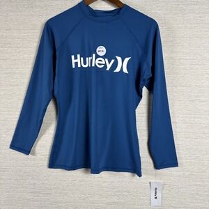 Hurley Women's 1X Blue UPF 50+ Rash Guard Swim Surf Shirt Long Sleeve Athletic